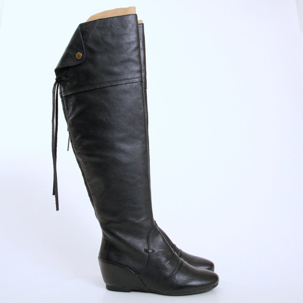 Corso Como Black Leather Over-the-Knee Lace-Back Wedge Boots